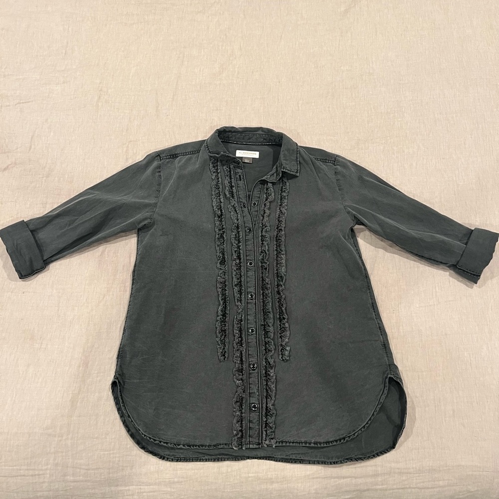 Black Anthropologie Button Up Shirt with Ruffle Detail